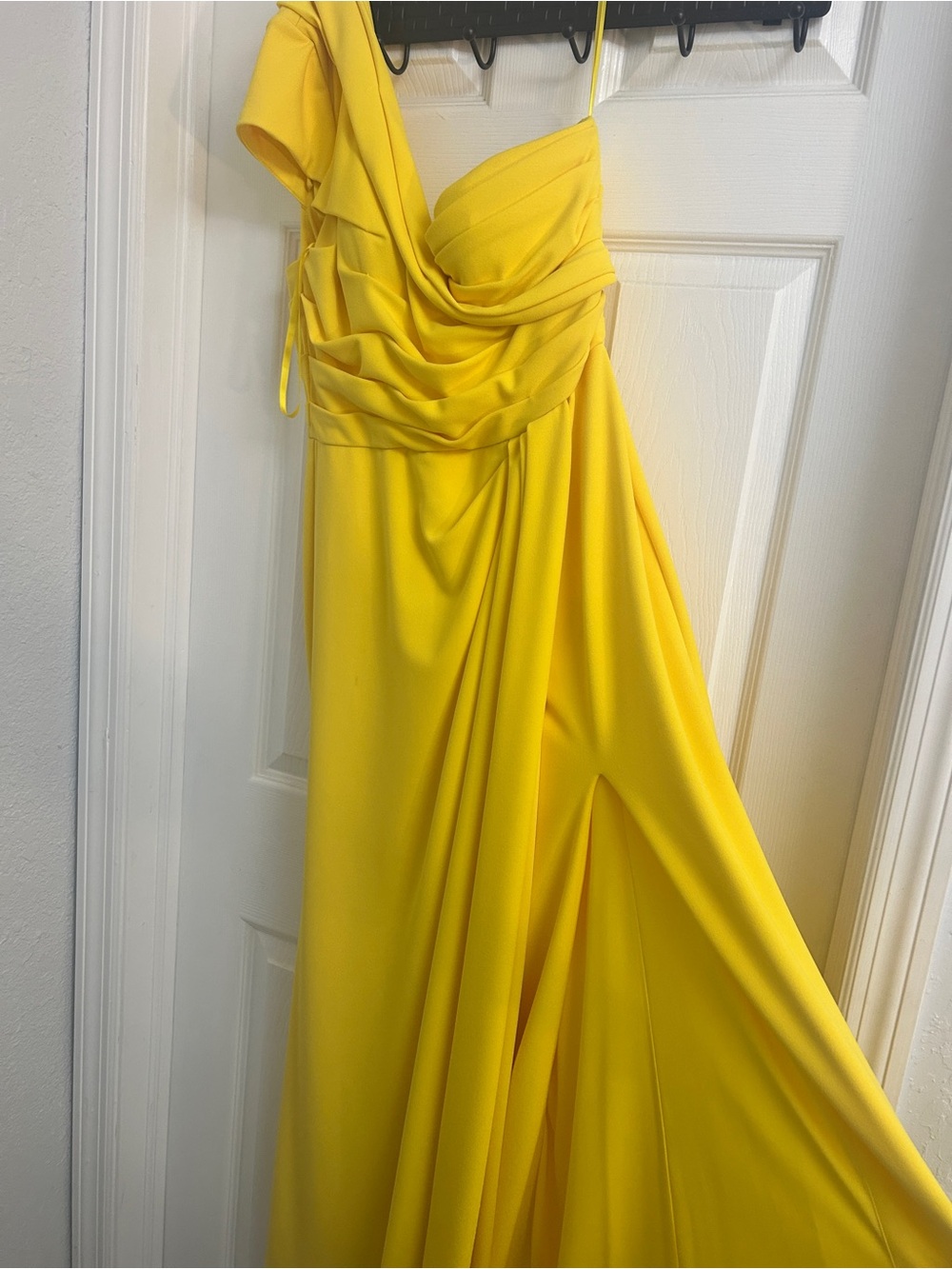 Betsy & Adam One-Shoulder Yellow Draped Gown